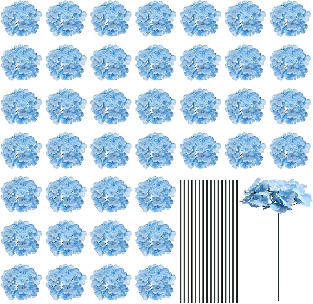 MECCANIXITY Silk Artificial Hydrangea Flowers, Light Blue Artificial Flowers Heads with Stems, Full Hydrangea Flowers for Wedding Centerpieces, Party Decoration 30 Set