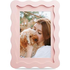 4x6 Picture Frame with Mat for 3.5x5, Wavy Edge Wooden Real Glass Photo Frame for Tabletop and Wall Hanging, Pink, 1 Pack