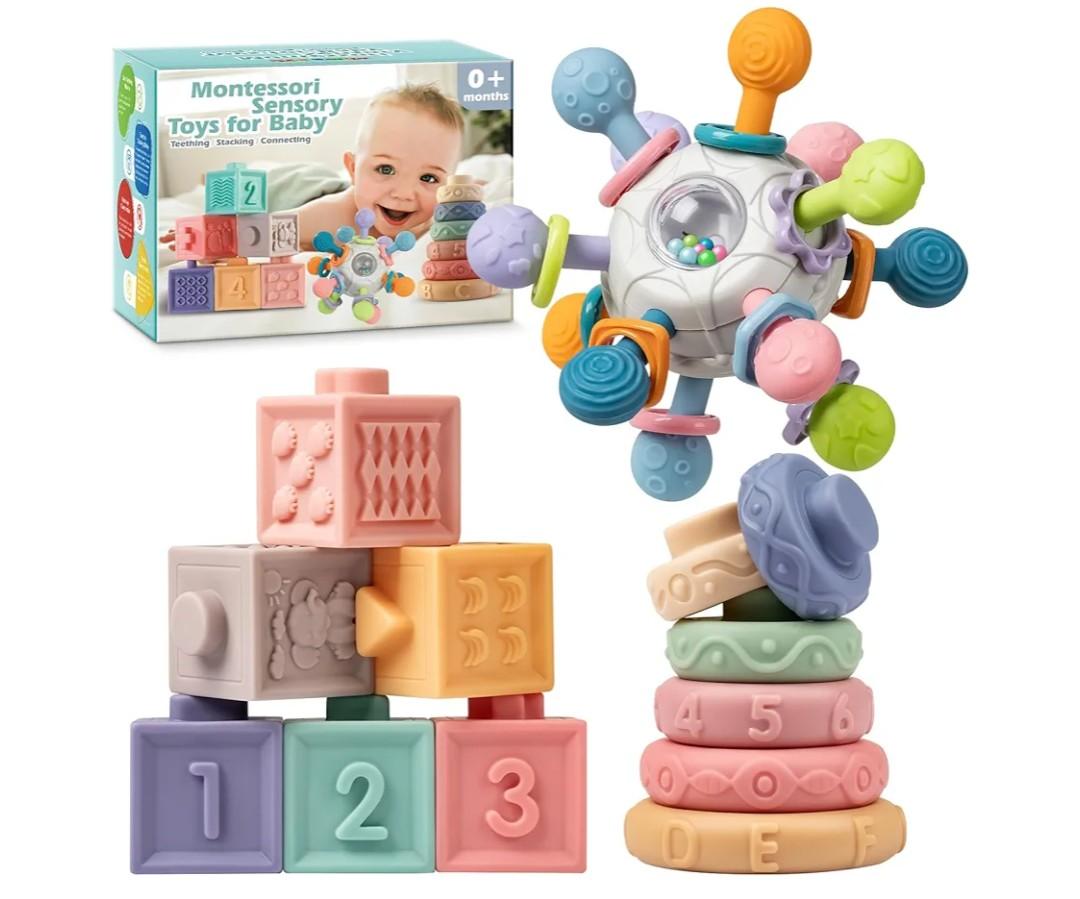SpringFlower 3 in 1 Montessori Toys for Babies 0-3-6-12 Months, Rattle Teether & Baby Blocks & Soft Stacking Rings, Sensory Developmental Education Toys,Gift for Toddler Baby 0-3-6-12-18 Months