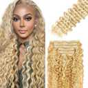 16 Inch P27613 Blonde Clip in Hair Extensions,Soft Real Human Hair 120g 7pcs,Brazilian Remy Clip ins for Women,Honey Blonde Clip ins Silky Deep Wave Hair Extensions