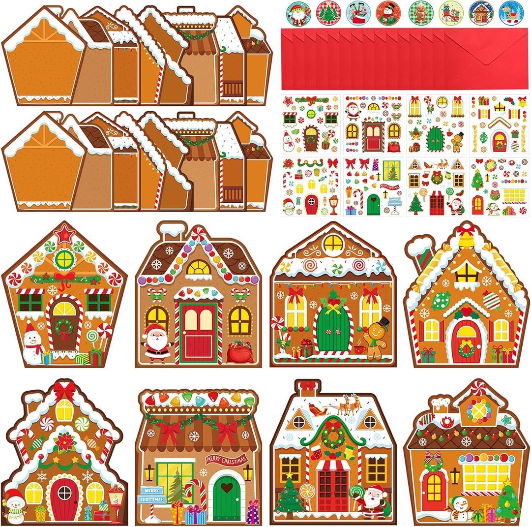 32 Pack Christmas Cards Xmas Crafts DIY Cards with Envelopes Merry Christmas Crafts Kit Greeting Card Stickers DIY for Xmas Party Supplies(Brown,Gingerbread)