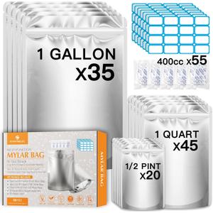 100PCS Mylar Bags with 400cc Oxygen Absorbers, 11.8 Mil Thicker Long Term Food Storage Bag, 1 Gallon 10x14 6x9 4x6 Stand-up Zipper Resealable Heat Sealable for Airtight Smell Proof Packaging