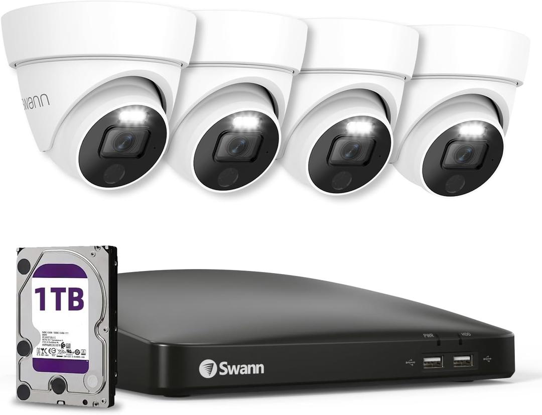 Swann 4K Wired DVR Security Camera System, 4 Domes, 8 Channel, 1TB HDD