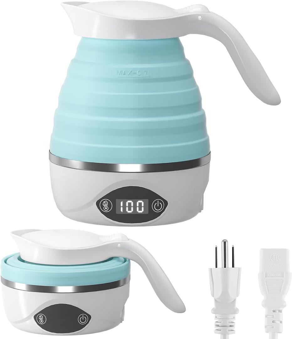 AUCOO Collapsible Travel Kettle Electric Portable Foldable Kettle for Boiling Water, Suitable for 110V & 220V Dual Voltage, for Tea & Coffee, 850W Small Mini BPA-free Silicone Blue electric kettle