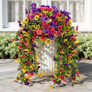 Artificial Hanging Flowers for Outdoors Faux Plants, 2PCS Artificial Outdoor Flowers for Spring Decor, UV Resistan Realistic Daisy Fake Hanging Plants for Indoor Planter Garden Porch(Vibrant Trio)