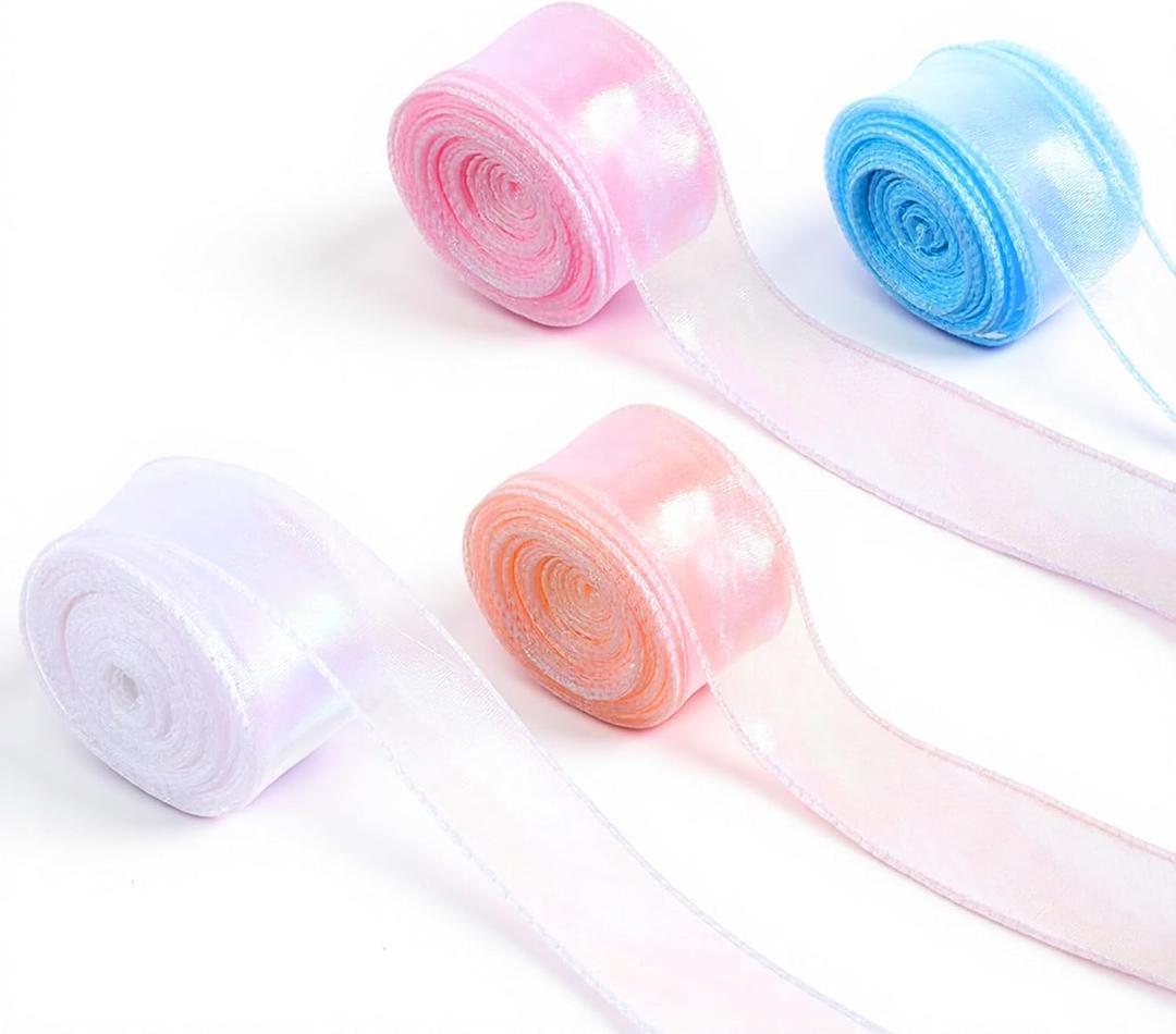 4 Roll Iridescent Organza Ribbon Sheer 4 Colour Organza Ribbon, Sheer Easter Craft Decorative Ribbons 10 Yards Wired Chiffon Ribbons for Flowers Bouquets Garlands Wedding Gift Wrapping Ornaments