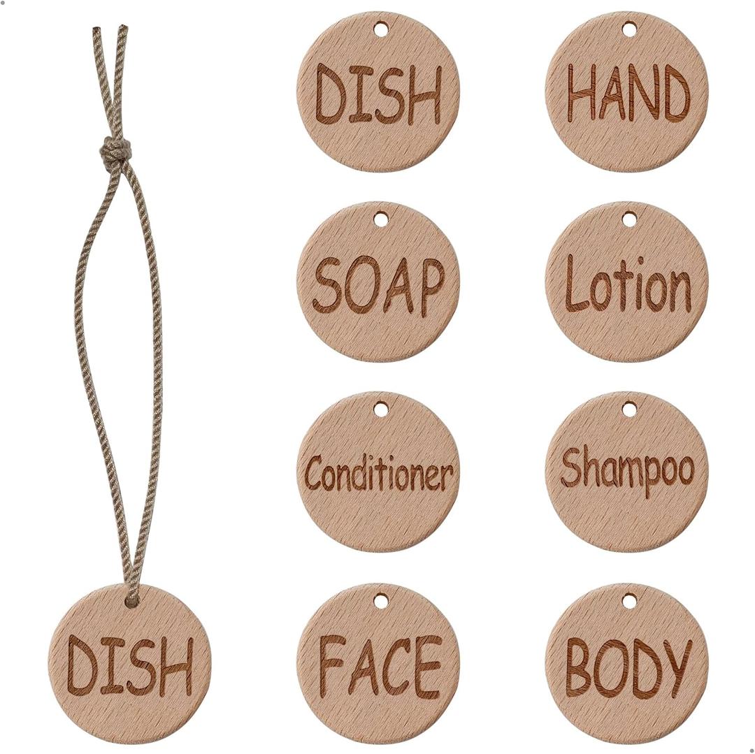 Organize Your Home with 8 Handmade Wooden Labels for Bottles - Dish, Hand, SOAP, Lotion, Shampoo, Conditioner, Body and FACE - Perfect for Soap Dispensers in Your Kitchen and Bathroom, Eulnars