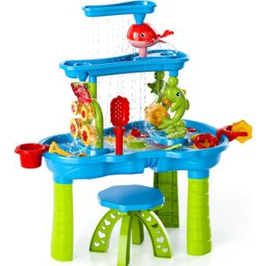 Kids Sand Water Table , 3-Tier Sand Table and Rain Showers Splash Pond Water Table Toys, Activity Sensory Play Table Beach Summer Outside Toy for Toddler Boys Girls