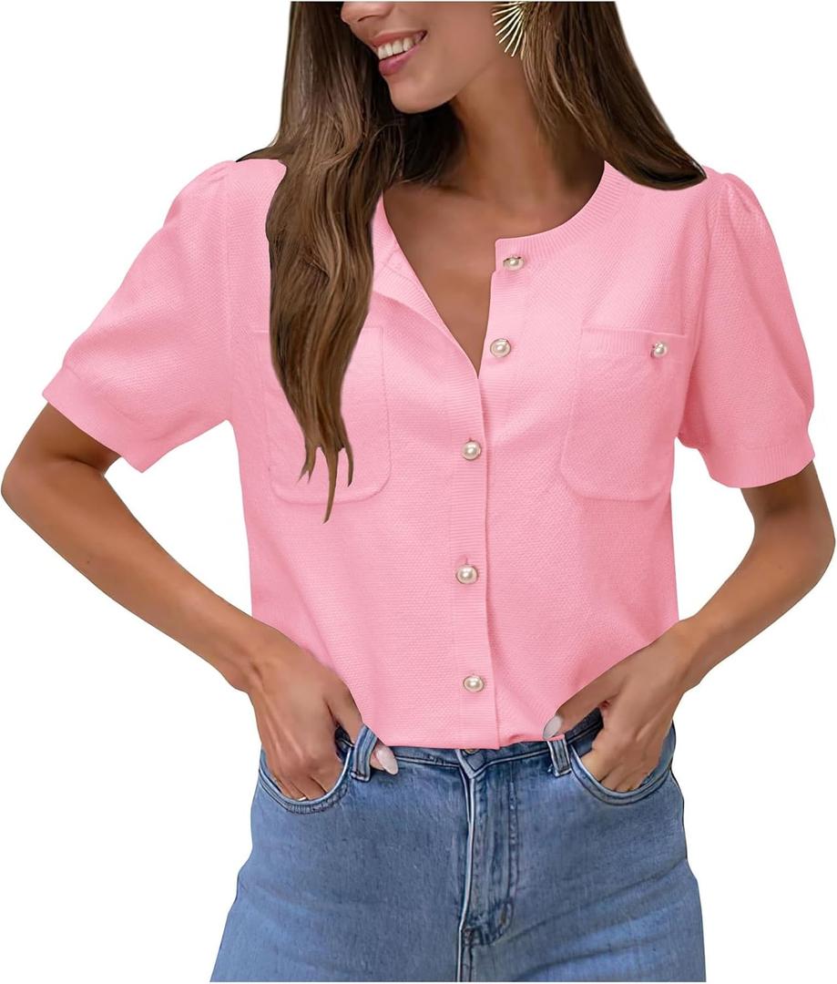 Newshows Womens Summer Cardigan Sweaters Lightweight Short Sleeve Button Down Shirts Ribbed Knit Blouse Tops 2024 Trendy (Pink, S)