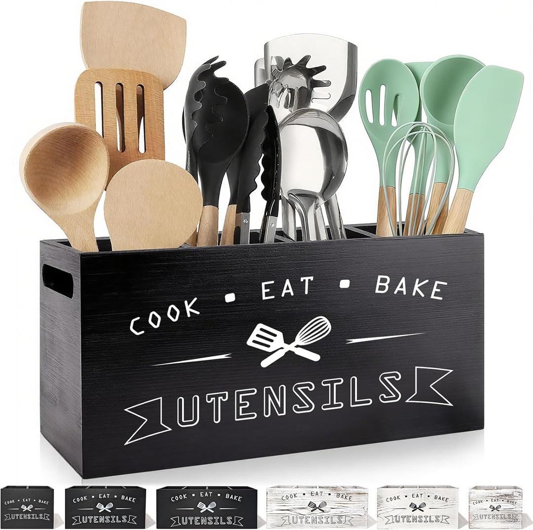 Large Black Utensil Organizer with Removable Dividers - Ideal Wooden Kitchen Countertop Organizer black 4 Compartment