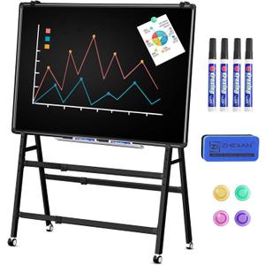 MUKUANG Magnetic Double-Sided Rolling Dry Erase Blackboard with Stand Height & Width Adjustable, A-Frame Foldable Stand Black Board on Wheels, 48 x 36 Mobile Standing Whiteboard(Black)
