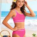 Girls Swimsuit Two Piece High Waisted Athletic Swim Suits Fashion Piping Girls Bikini Bathing Suit Set 9-16 Years (Pink, S)
