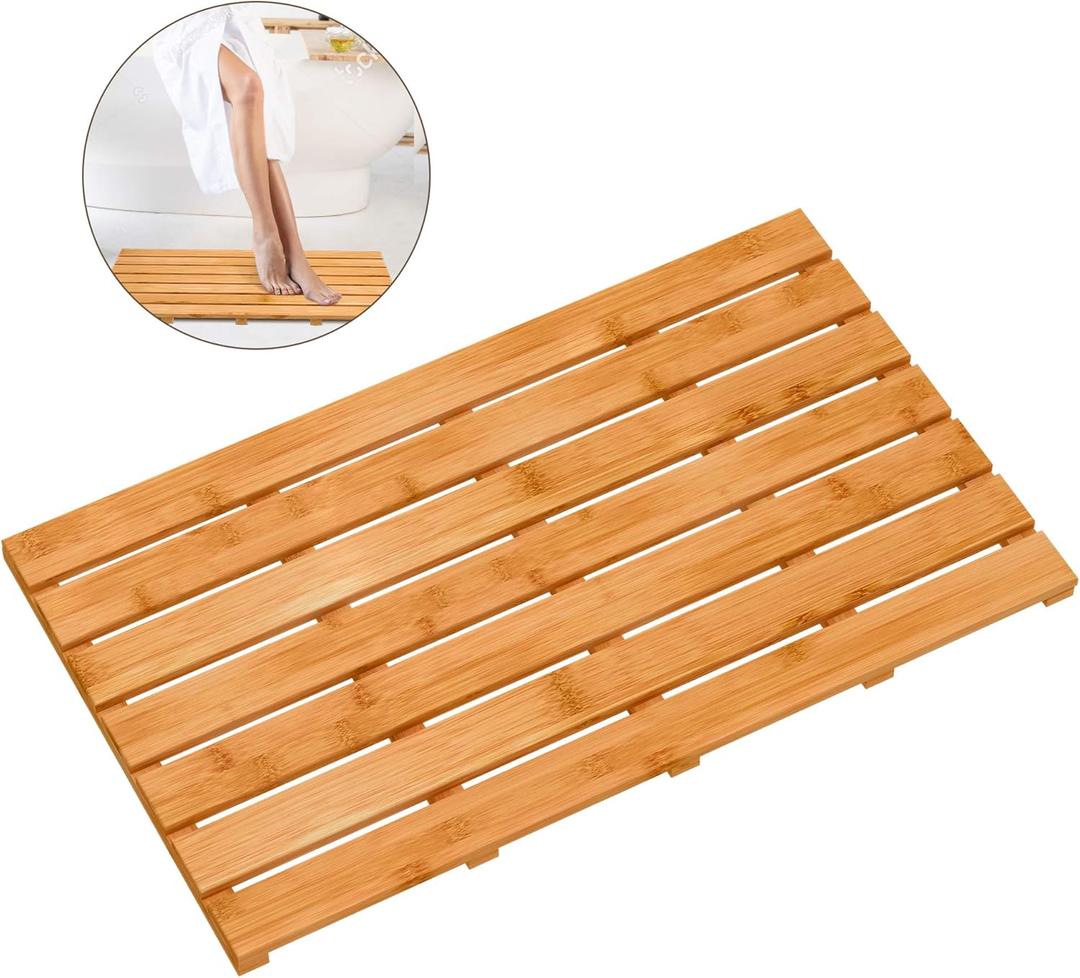 Bamboo Wooden Bath Floor Mat for Luxury Shower - Non-Slip Bathroom Waterproof Carpet for Indoor or Outdoor Use (31.3 x 18.1 x 1.5 Inches) (Natural)