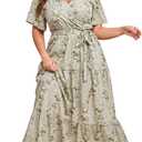 ShopWonder Womens Plus Size V Neck Wrap Maxi Dress High Waist Ruffle Summer Casual Dress with Belt Green Yellow 2025 2XL