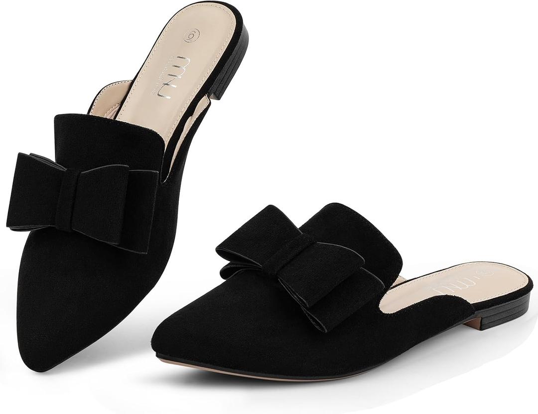MUSSHOE Mules for Women with Bow Knot: Pointed Toe Flats - Cloud-Cushion Suede Backless Loafers for Office & Casual Wear - Wide-Fit Friendly Slip On Slides with Memory Foam (10.5)