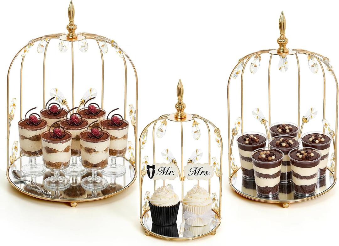 Set of 3 Metal Birdcage Cake Stand Set with Crystal Accents, Elegant Cupcake Holder Display for Wedding, Birthday, Baby Shower, Party Dessert Table Decorations (Gold, Set of 3)