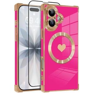 OOK Magnetic Case for iPhone 17 6.3 Inch [Wireless Charging Compatible] Soft TPU Heart Design Phone Cover with Screen Protector Shockproof Protection Slim Case for Women - Hot Pink