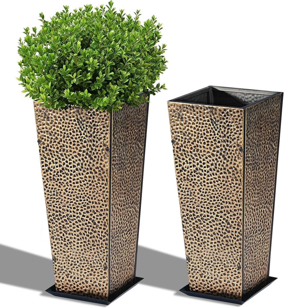 BAYN 2-Pack 24" Tall Metal Planter Hand-Hammered Textured Large Copper Flower Pots Box with Saucer for Outdoor&Indoor, Garden, Porch, Patio, Yard with Pre-Drilled Drainage Holes