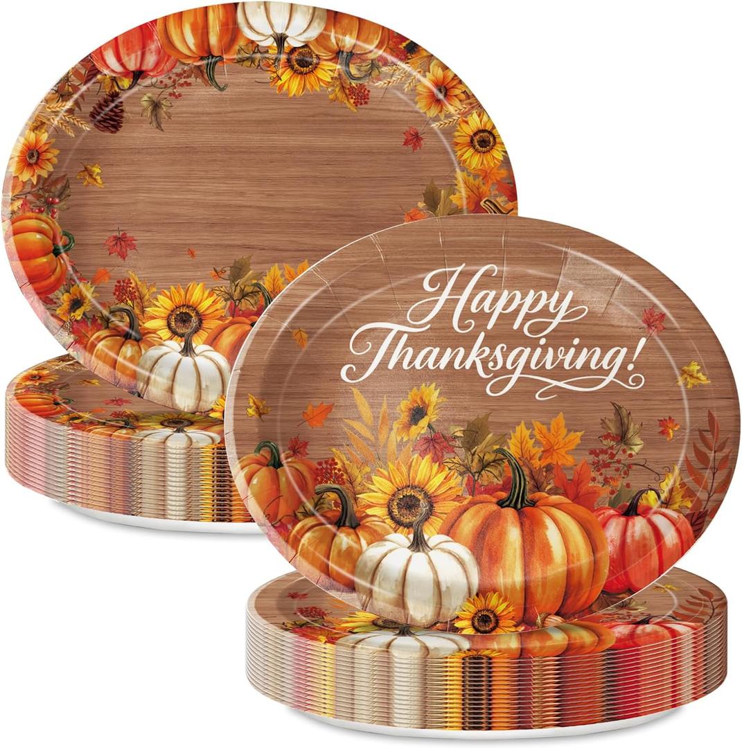 Thanksgiving Paper Plates 30 PCS Large 9" x 11" Watercolor Pumpkin Woodgrain Disposable Oval Plates for Thanksgiving Autumn Harvest Table Decor