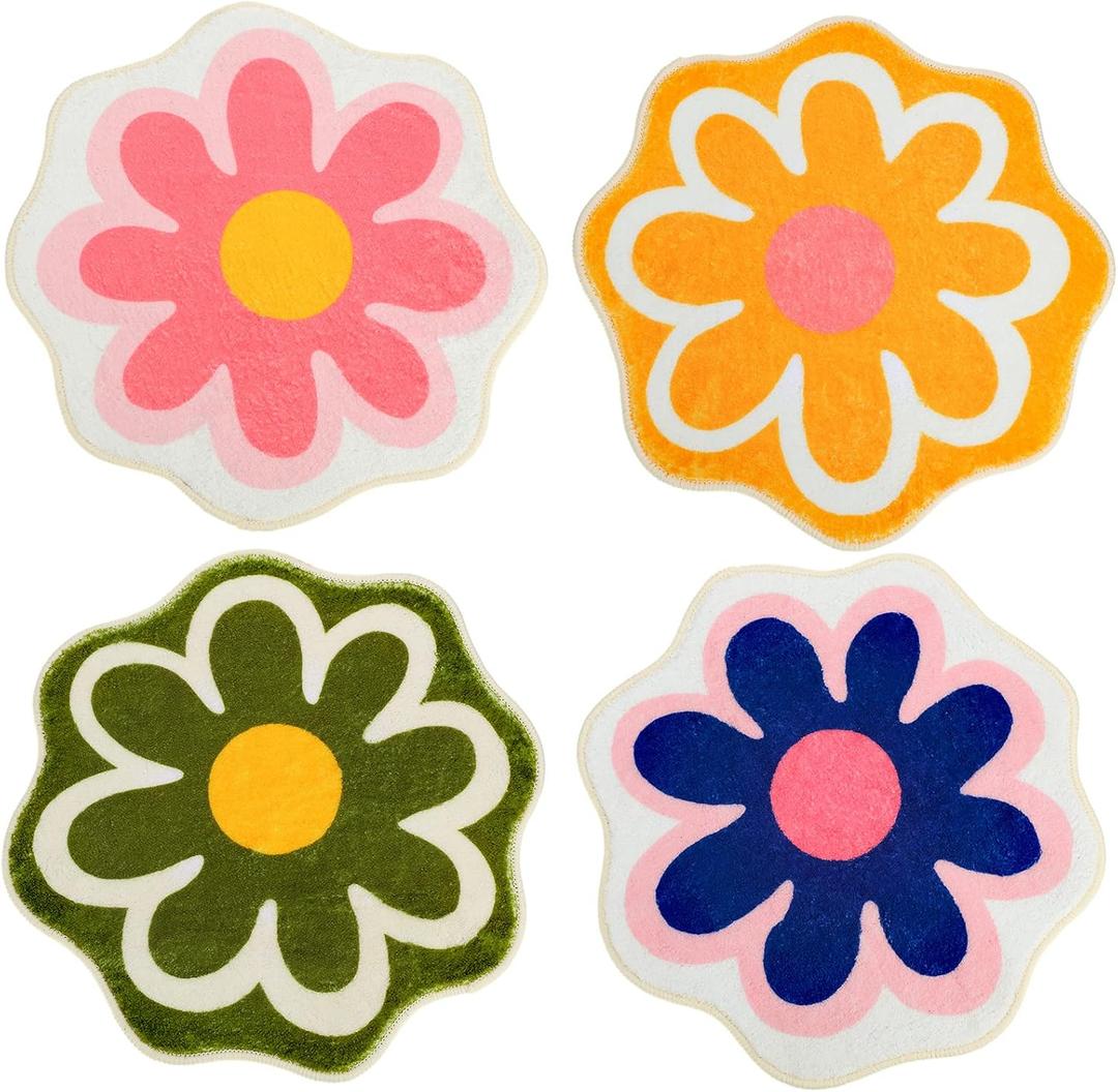 Qunclay 4 Pcs Flower Cute Bath Mat, 15. 8 x 15. 8'' Small Daisy Shaped Washable Bath Rug Non Slip Absorbent Bathroom Mat Funky Floral Toilet Rug Cute Bathroom Bedroom Flower Carpet for Women, 4 Colors