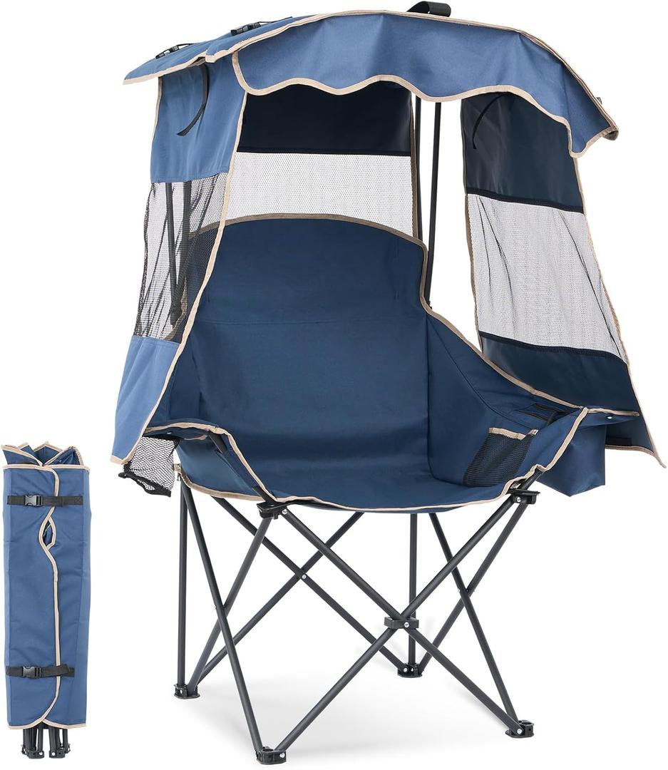 DoCred Beach Chair with Canopy Shade,Portable Folding Camping Chair with Cooler Bag & Cup Holder, Reclining Beach Loungers for Adults Outdoor Camp,Sports,Beach, Tailgates, Fishing