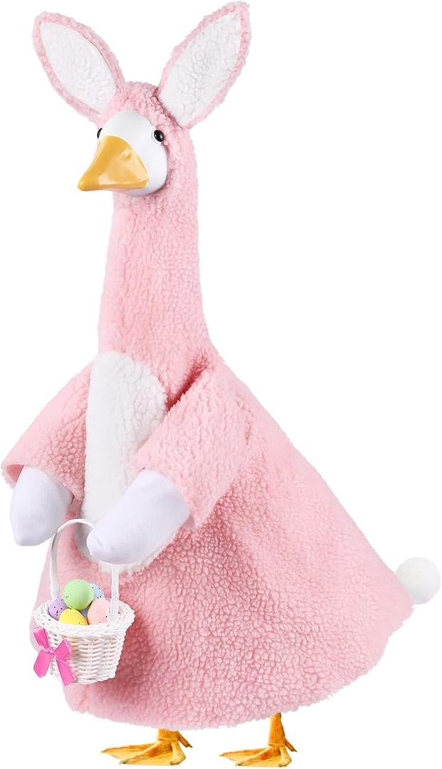 Easter Bunny Goose Outfit for 23" Porch Goose Holiday Pink Bunny Costume with White Basket Easter Party Outdoor Garden Patio Yard Lawn Art Decoration