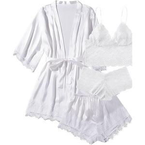 Hellomamma Silk Pajama Sets for Women: Satin Sexy Lingerie 4 Piece Sleepwear Cami Lace Pjs Set with Robes (White, L)