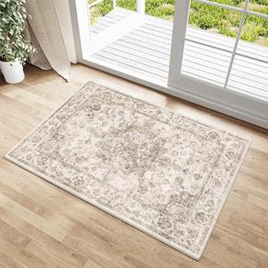 WondRg 2x3 Washable Neutral Area Rug Brown Vintage Entryway Kitchen Carpet Non-Slip Soft Low Pile Floral Indoor Small Throw Rug for Bedroom Bathroom Entrance