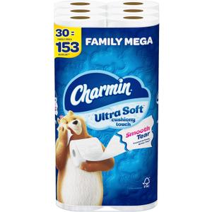 Charmin Ultra Soft Cushiony Touch Toilet Paper, 30 Family Mega Rolls = 153 Regular Rolls (288 sheet (Pack of 30))