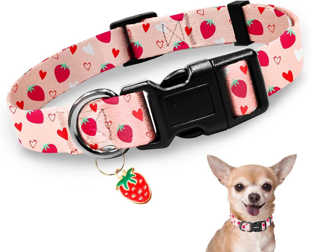 Kazazoo Dog Collar Cute and Soft Nylon Puppy Collar Girl, Adjustable Dog Collars for Medium Large Dogs, Strawberry-L