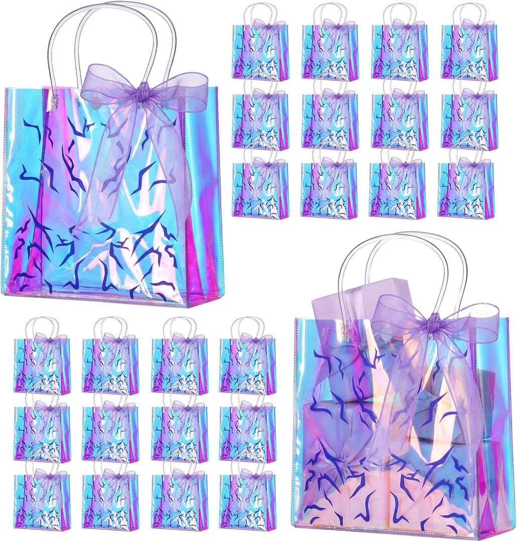 Mooliwe 24 Pcs Kpop Theme Party Gift Iridescent Pattern Bags with Ribbon Bow Popular Singer Party Favors PVC Clear Gift Goodie Bags 8 x 8 x 3.15 Inch with Handles for Purple Decoration Friendship Fans
