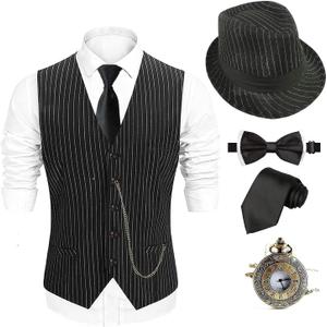 EFORLED 1920s Mens Costume Fedora Hat,Gatsby Gangster Vest,Vintage Pocket Watch,Pre Tied Bow Tie,Tie (X-Large)