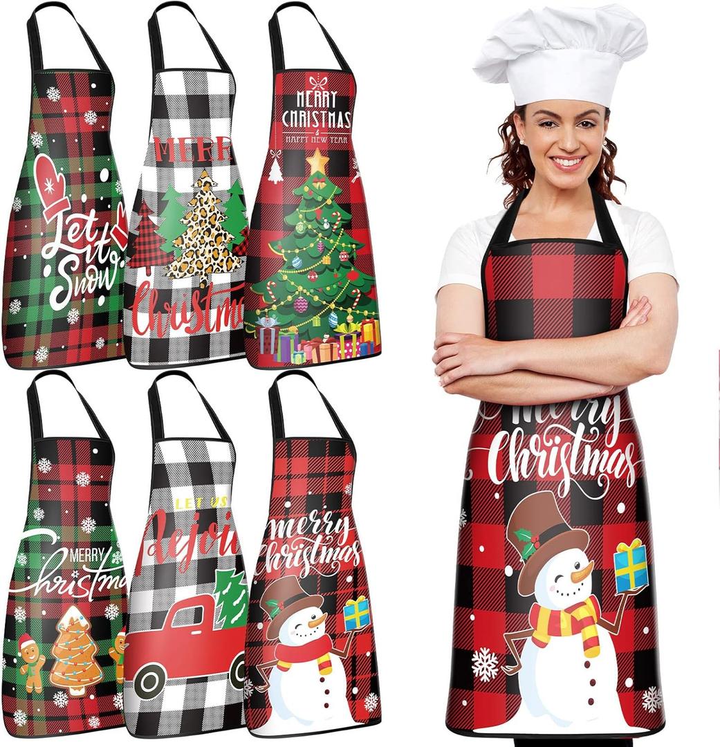 Jeyiour 6 Pcs Christmas Apron for Women Christmas Adjustable Kitchen Cooking Gifts Waterproof Apron Cute Xmas Snowman Santa