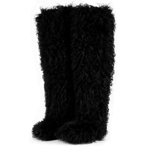 Over the Knee Boots for Women 29 inchs Faux Fur Boots Flat Thigh High Boots (11W, Black)