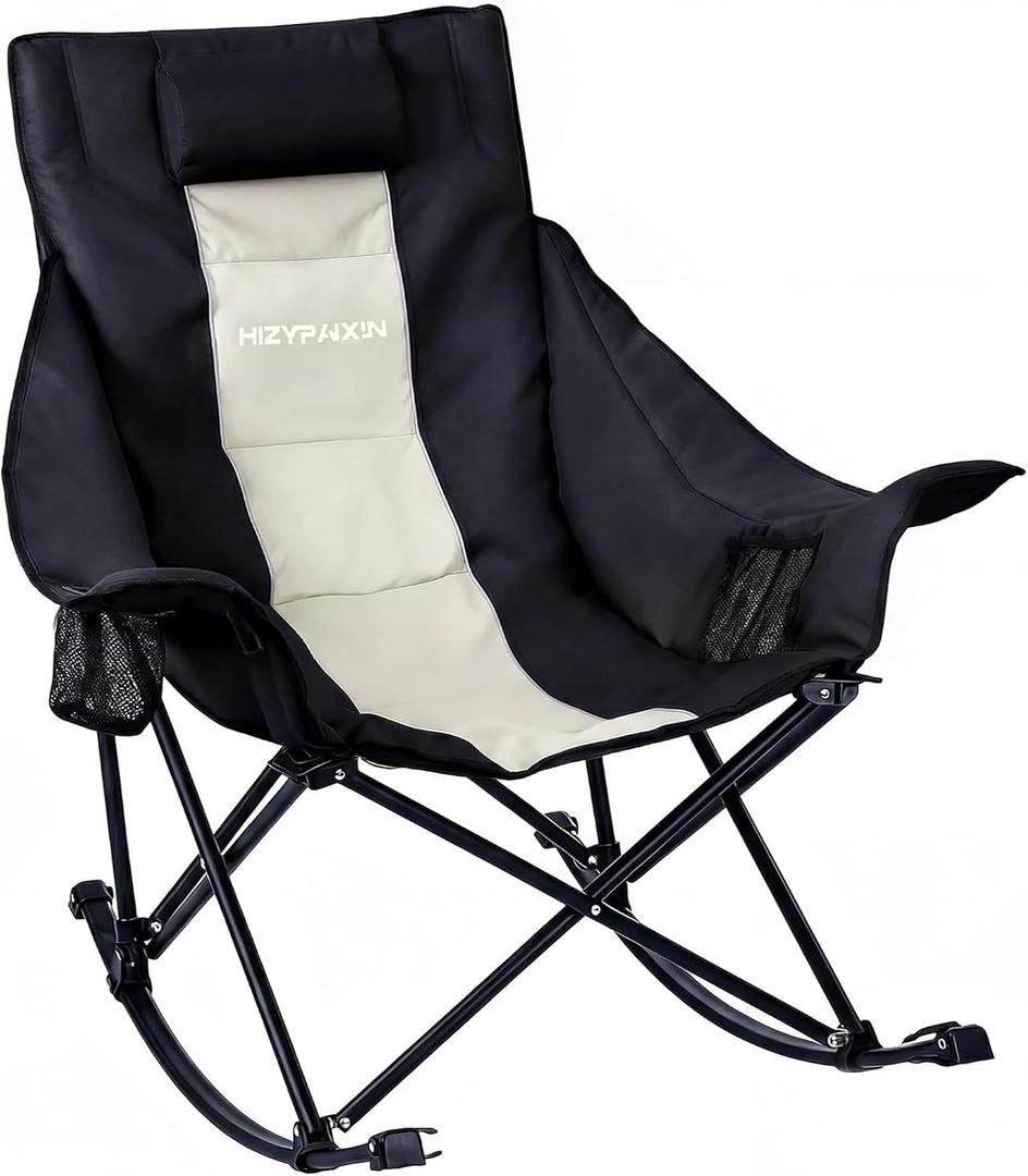 Oversized Rocking Camping Chair for Adults with Headrest, Portable Rocking Chair with Cup Holder, Side Pocket & Carry Bag, 400 lbs Heavy Duty Outdoor Rocker Chair for Camp, Patio, Black