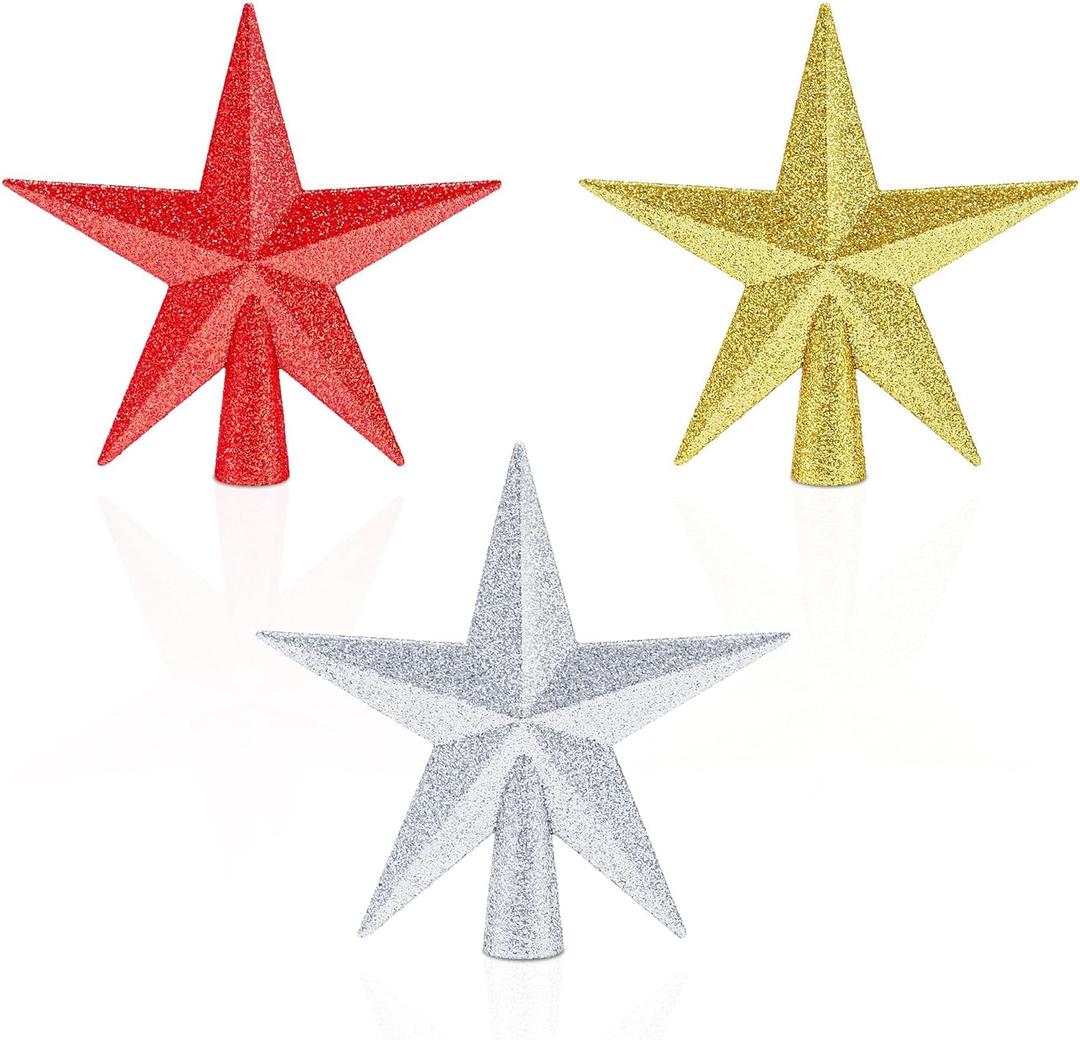 Aneco 3 Pack 4 Inches Glittered Mini Star Christmas Tree Topper Star Treetop for Small Christmas Tree Ornaments, Gold, Silver and Red