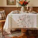 Laolitou Spring Pink Floral Table Cloth Rectangle Table, Embroidery Heavy Duty Cotton Linen Tablecloth, Farmhouse Rustic Waterproof Wrinkle Free Tablecloths with Tassels, Pink Flower, 5575 Inch