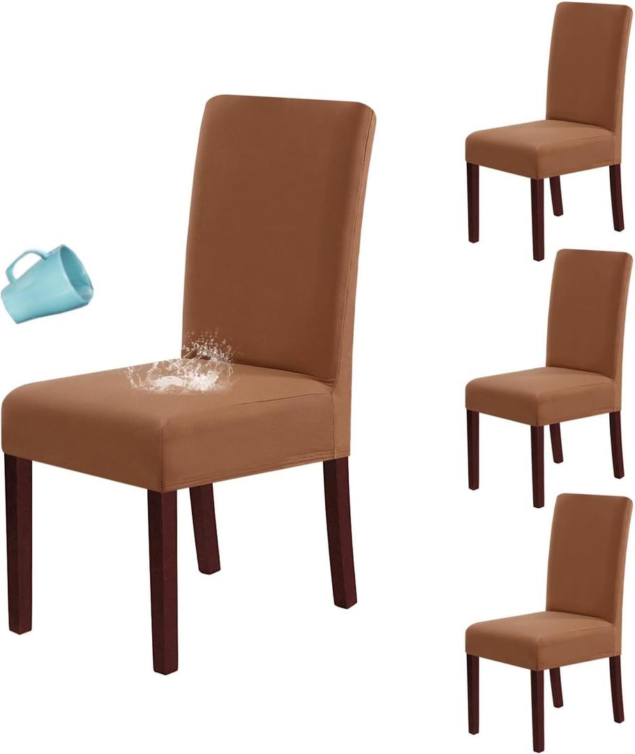 H.VERSAILTEX 100% Waterproof Dining Chair Covers Stretch Chair Covers for Dining Room Set of 4 Parson Chair Slipcovers Chair Protectors Covers Dining, Soft Thick Solid Fleece Fabric Washable, Camel