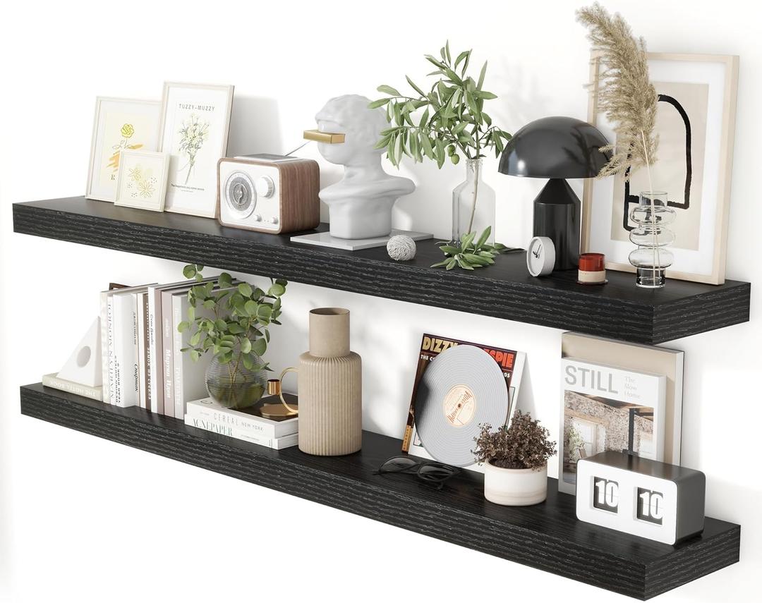 Heimlove 55 Inch Floating Shelves for Wall 8 Inch Deep Black Shelves Set of 2,Wall Mounted Rustic Wood Long Floating ShelfLarge Extra Display & Storage Shelf with Invisible Brackets