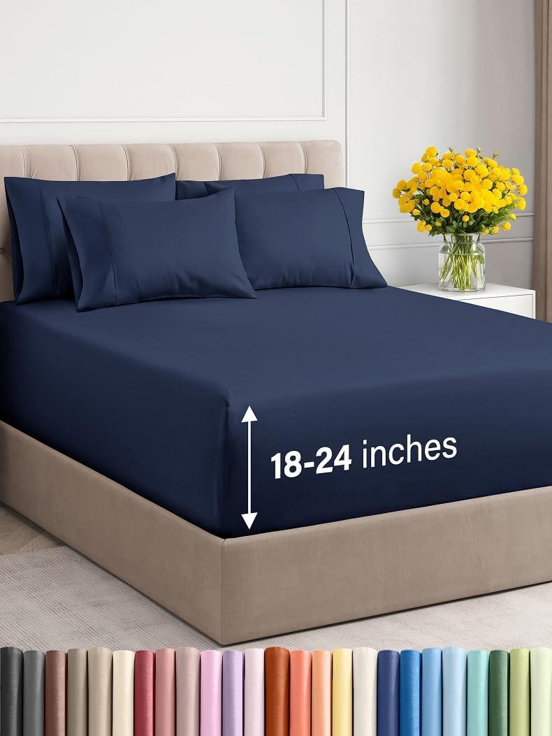 Extra Deep King Sheet Set - 6 Piece Breathable & Cooling Sheets - Hotel Luxury Bed Sheets Set - Easy & Secure Fit - Soft, Wrinkle Free & Comfy Sheets Set - Navy Blue Sheet Set with Extra Deep Pockets