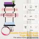 Yoga Mat Holder Wall Mount, Yoga Mats Rack with Double Floating Shelves, Yoga Accessory Storage Rack with 5 Hooks for Resistance Bands and Workout Equipment for Home Gym Storage, Black