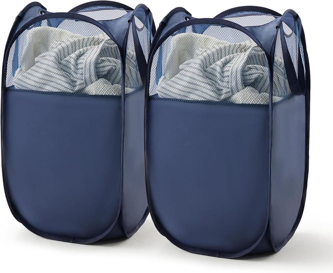 TECHMILLY Pop Up Foldable Laundry Basket, Mesh Laundry Hamper with Reinforced Handles for Dirty Clothes Storage in Dorm, Laundry Room, Bathroom, Blue(Fabric), 2 Pack