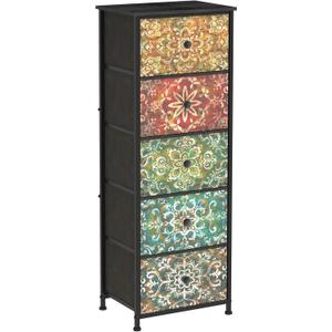 GiftGo Retro Dresser with Fabric Drawers Boho Mandala Flower Chest of Drawers Narrow Storage Tower for Small Spaces Gaps Bedroom Beautiful Nightstand Living Room Table (Mandala, 5 Drawers)
