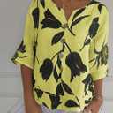 Womens 3/4 Length Sleeve Tops Dressy Casual V Neck Boho Floral Print Summer Blouses Shirts (Yellow, S)