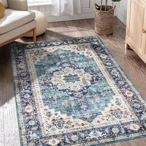 Mcadore 4x6 Machine Washable Area Rugs Boho Vintage Design Rug for Living Room, Bedroom, Kitchen, Soft Non-Slip Indoor Rug, Vintage Blue/Multi-Print Design