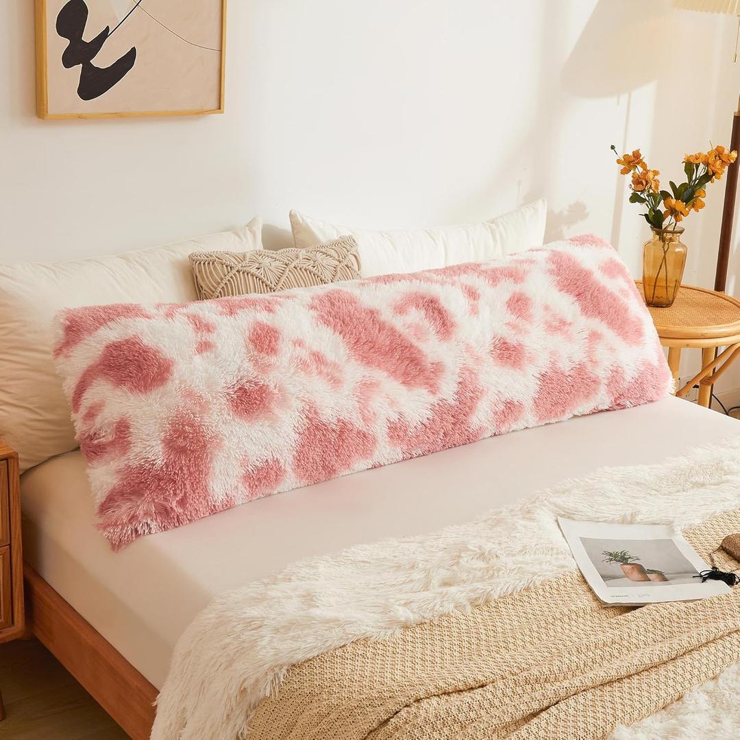 LIFEREVO Cow Print Body Pillow Cover with Zipper Closure,Luxury Soft Shaggy Plush Faux Fur Body Pillowcase 20"x54" for Bed, Long Pillowshams for Adults Women/Mother/Wife(Cow Print Pink and White)