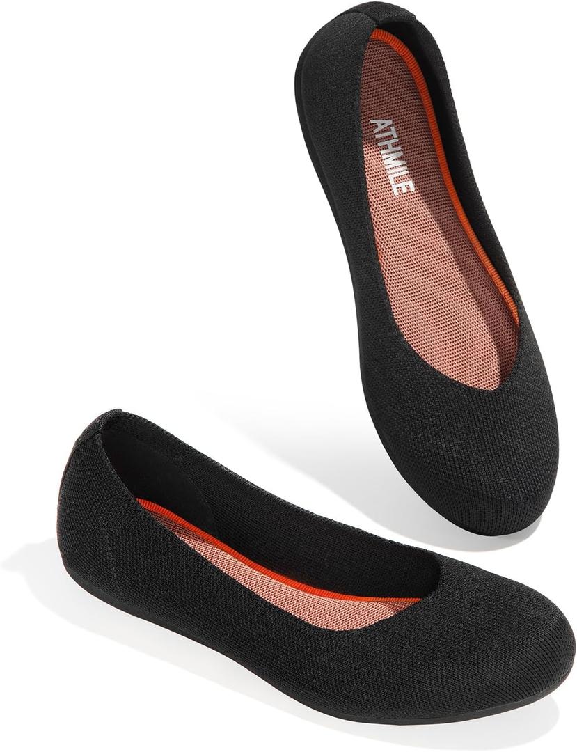 ATHMILE Women's Flat Ballet Shoes Knit Flat Shoes for Women Round Toe Slip on Women Flats for Dressy Casual Office Work Wedding Comfort Soft (Black, 9)