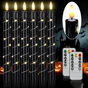 Flameless LED Taper Candles Flickering with Remote & Timer for Halloween Decorations，Battery Operated Candles, Arounded with Starlight String, Party & Home Decoration, Pack of 6, Black