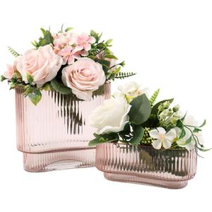 YANWE1 Short Glass Vases, Set of 2 Pink Glass Vases for Tulips, Ribbed Vase for Flowers, Modern Small Vase for Living Room, Dining Room, Bathroom, Desk, Shelf, Wedding, Office