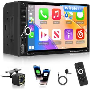 NHOPEEW Double Din Car Stereo with Wireless Carplay and Android Auto - 7 Inch Touch Screen Car Radio - EQ Audio/Mirror Link/Bluetooth/FM Radio/SWC + Backup Camera + Microphone